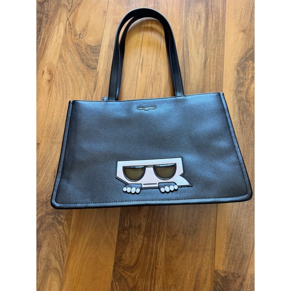Karl Lagerfeld Paris Black Tote Bag With Sunglasses Motif & Zip Closure